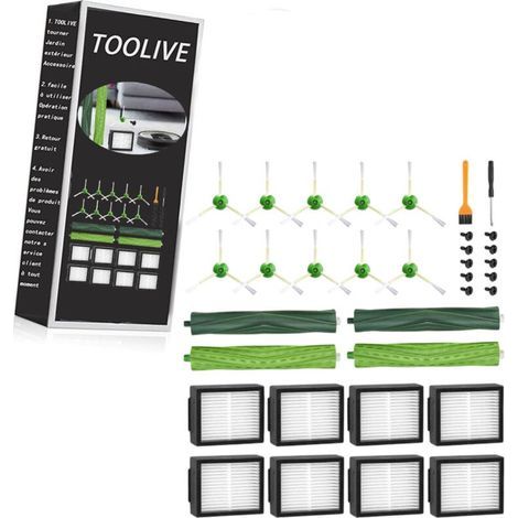 Kits accessoires de remplacement pour aspirateurs iRobot Roomba E/I/J – 4 brosses en caoutchouc – 8 filtres HEPA – 10 brosses latérales (1/5)
