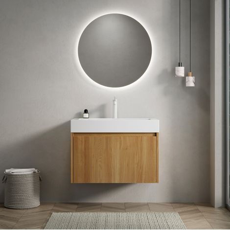 Waschbeckenunterschrank 70 cm wandhängend modern mit weißem Resin-Waschbecken und 1 Schublade in Naturholzoptik (1/5)