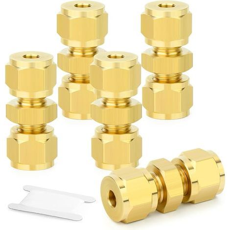5 Pcs Raccord à compression en laiton, 4mm Raccord droit Union double, Connecteur à double bague pour tubes en cuivre, plastique et aluminium (1/4)