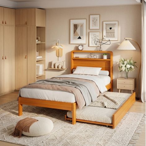 Holzbett 90x200 cm mit Ausziehbett 90x190 cm, Funktionsbett mit links/rechts montierbarem Gästebett, abgerundetem Kopfteil und platzsparendem Design (1/5)