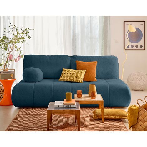 Bowie - 3-sizter schlafsofa truhe + inkl. Rundes kissen aus texturiertem stoff - blau