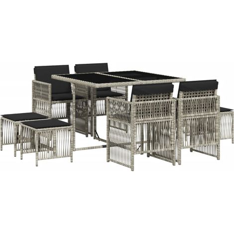 Ensemble à manger de jardin et coussins 9 pcs,Salon de jardin gris clair rotin CFW61001 (1/5)