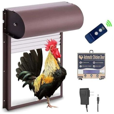 Porte automatique pour poulailler, porte automatique programmable, porte à enroulement métallique électrique, porte pour poulailler, plusieurs modes, avec capteur de lumière, minuterie et télécommande (1/4)