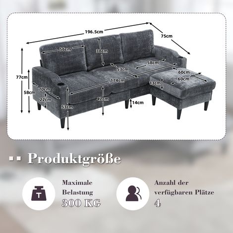 Canapé 4 places moderne avec pouf, rangement intégré et accoudoirs ergonomiques – porte-verres, poches latérales, pieds solides en plastique, housse en velours doux et agréable au toucher. (1/5)