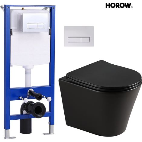 WC suspendu sans rebord avec réservoir caché et plaque de poussée chromée, WC en céramique noir mat, WC mural, WC avec chasse d'eau rotative (1/5)