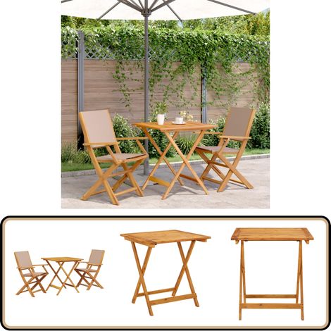 3-tlg. Bistro-Set Taupe Stoff und Massivholz - Gartentisch - Esszimmergarnitur - Outdoor Möbel - Holztisch - Gartenstühle