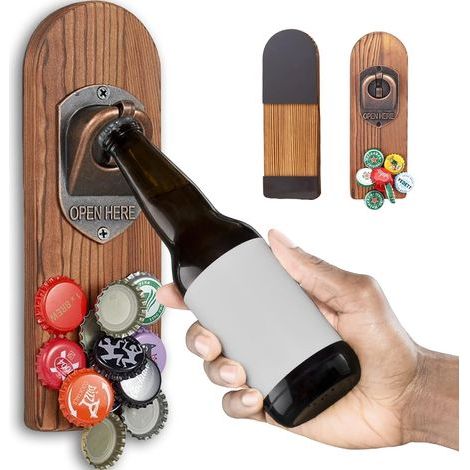 Magnetic Wooden Wall-Mounted Bottle Opener, Vintage Style, Original with Cap Catcher, Outdoor Bar Accessory, Beer Gift for Men, Dad, Friend, and Colleague (Style 1) (1/5)