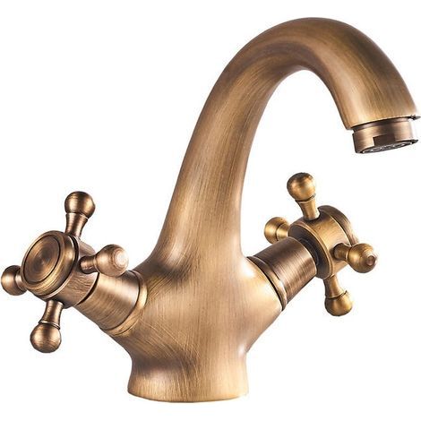 Vintage solid brass double handle basin tap, hot and cold water, water supply hose not included. (1/5)