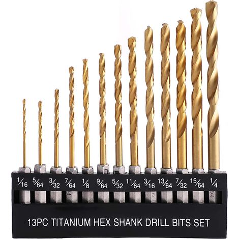 13Pcs Titanium Twist Drill Bit Set, High Speed Steel Hex Shank for Wood, Plastic, Aluminum Alloy, Quick Change, 1/16"-1/4" (1/5)