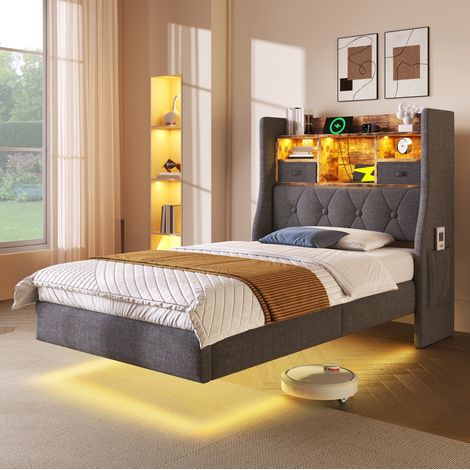 Okwish Lit rembourré 90x200 cm, avec LED et charge, lin, gris, (Avec matelas) (1/5)