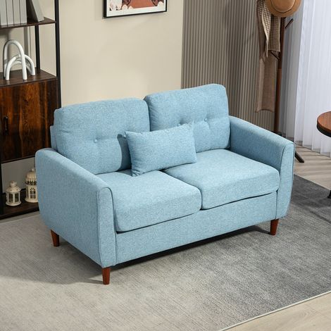 Sofá de 2 Plazas Tapizado en Lino Sintético para Salón Moderno con Reposabrazos Patas de Madera 140x78x83 cm Azul Claro (1/5)