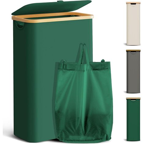 Wäschekorb Wäschesammler Wäschesack Deckel Bambus Holz 48L Slim Grün (1/5)