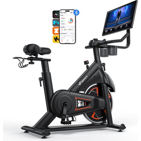 Vélo d'appartement magnétique, écran HD 21.5” HD, application exclusive avec cours, capacité 150 kg, selle/guidon réglables, Merach (1/4)