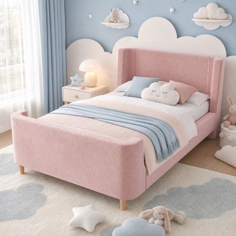 Letto singolo imbottito per bambini a barca motivo cosmico velluto rosa 90x200 cm (1/5)