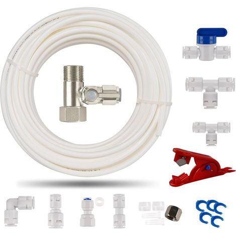 Tuyau D\'alimentation en Eau de Frigo,15m NSF Tuyau D\'eau 1/4"(6,35mm) avec 3/8" Vanne D\'arrêt Adaptateur en T,Kit de Raccordement pour Osmose Inverse Pièces et Accessoires pour Réfrigérateurs (1/5)