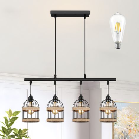 ROSNEK Pendelleuchte 4‑flammig E27, Rattan Industrial Braun mit LED‑Leuchtmitteln (1/5)
