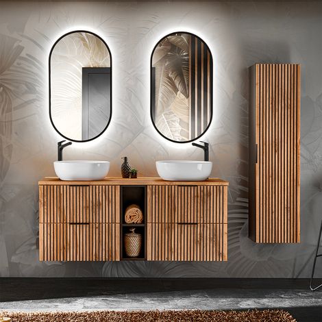 Conjunto mueble doble lavabo 140cm 2 nichos y columna Gaia Madera y Negro (1/4)