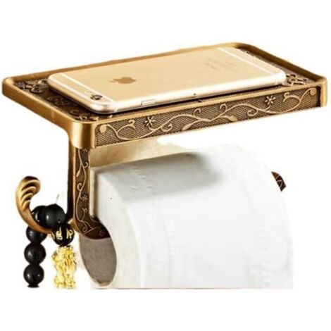 Porte-papier toilette mural rétro vintage en aluminium doré avec étagère et porte-rouleau