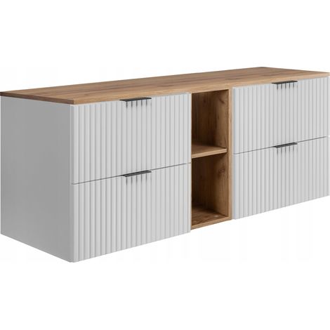 Rodan Waschbeckenunterschrank 140 cm, Weiß Matt mit brauner Ablage und Waschtischplatte, 46 x 140 x 57 cm, feuchtraumgeeignet
