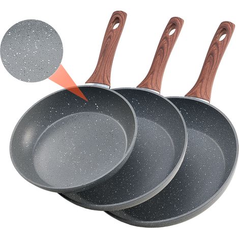 VEVOR Poele en Aluminium 3PCs 25/28/32,5 cm, Sauteuse Antiadhesive Pre-assaisonnee avec Poignee Resistante a la Chaleur, Ustensiles de Cuisine Restaurant, pour Gaz, Electrique, Induction, Gris