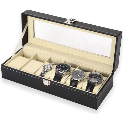 Boîte à montres à 6 compartiments en similicuir, étui de rangement pratique pour montres et accessoires (1/5)