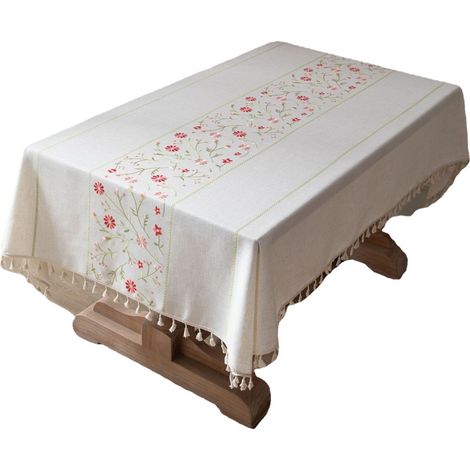 Mantel rectangular de lino y algodón con borlas y flores rosas, estilo minimalista moderno, 140×180 cm. (1/5)