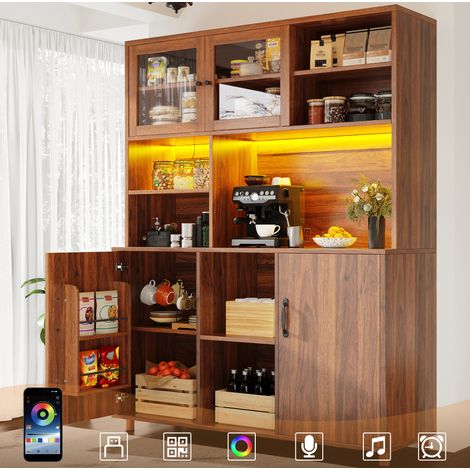 Armario alto de cocina (140x40x185 cm), con iluminación LED inteligente, puertas correderas, MDF y vidrio, nogal (1/5)
