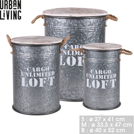 Ensemble de 3 bidons style vintage LOFT & MÉTAL imprimé blanc - Métal, bois et corde - Bois, Argenté - 3 tailles - Livraison gratuite