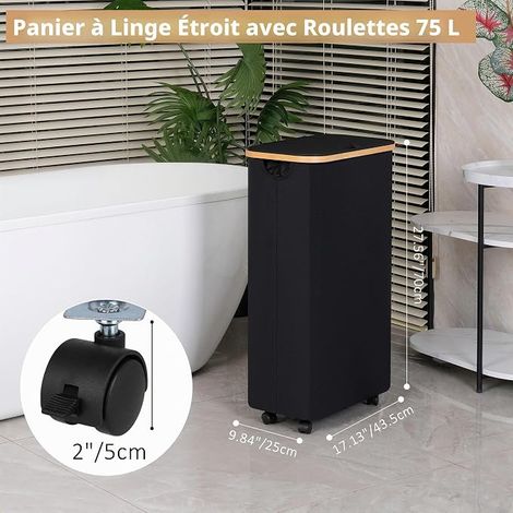 Laundry Basket with Lid, Laundry Basket with Wheels and Bamboo Handle, Laundry Basket with Removable and Washable Inner Bag for Bathroom Laundry Room (Black) (1/2)