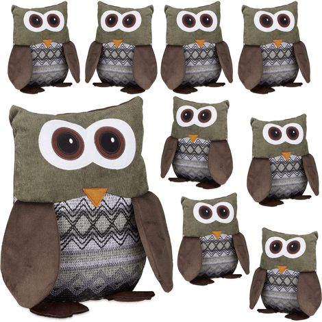 Set of 9 Relaxdays Owl Door Stops, Fabric Doorstop, Floor Door Bumper, Children, Decorative, HxWxD: 24x14x14 cm, Brown