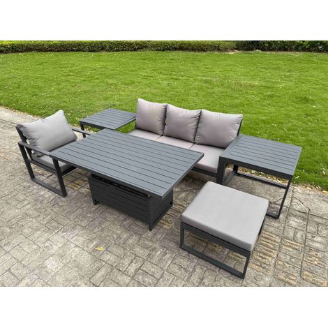Fimous Aluminium Garden Furniture Set 6 Piece Aluminium Lounge Seating Adjustable Rising Lifting Dining Table Set with 2 Side Tables Big Footstool Dark Grey (1/5)