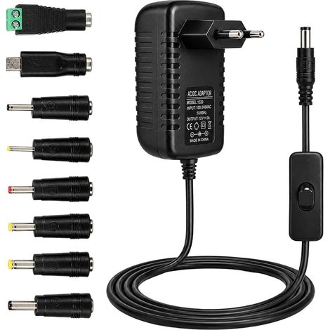 Adaptateur Secteur Universel 12V 2A 24W, Transformateur AC 220-240V vers DC 12V avec Interrupteur et 8 Embouts DC, Alimentation pour LED, CCTV, Routeur (1/5)