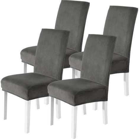 Stuhlhussen Samt 4er Set Grau, Stretch Stuhlbezug für Hochlehner & Schwingstühle (1/5)