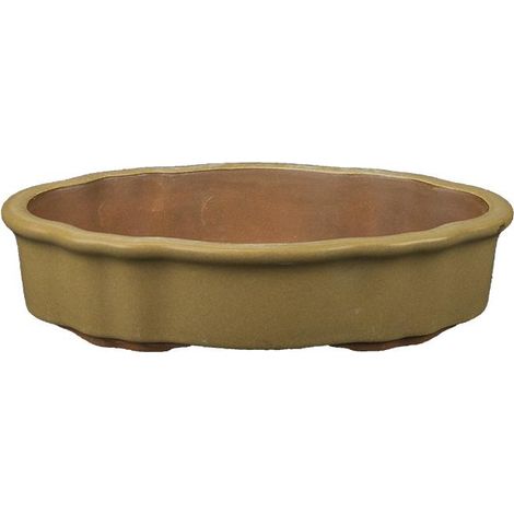 Vaso per bonsai ovale (forma a fior di loto) in gres smaltato nocciola-senape 17,5x10,5x3,5 cm - A16