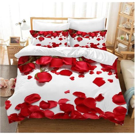 Parure de lit 3D Rouge avec Housse de Couette et 2 taies d'oreiller en Microfibre Motif Rose créative pour Adultes 220x240 cm - PUO (1/3)
