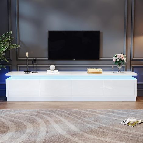 Meuble TV 180 x 34 x 40 cm avec 4 tiroirs, support et meuble TV avec éclairage LED, meuble bas laqué brillant, table TV et commode TV. Convient aux téléviseurs jusqu'à 80 pouces, blanc.