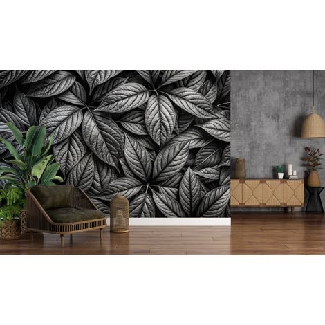 Papier peint nature - tapis de feuilles en noir et blanc - 150 x 250 cm (1/2)