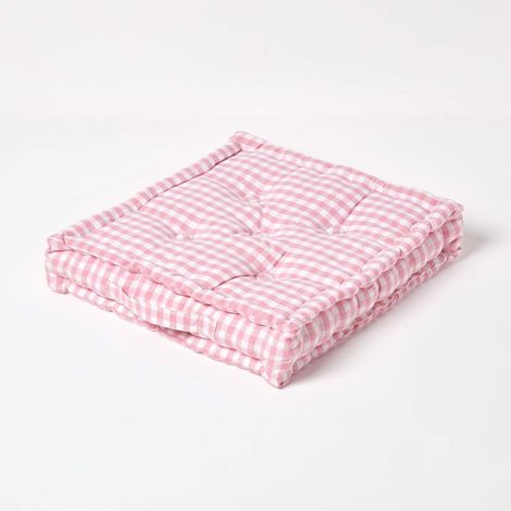 HOMESCAPES Cotton Gingham Check Pink Floor Cushion, 50 x 50 cm