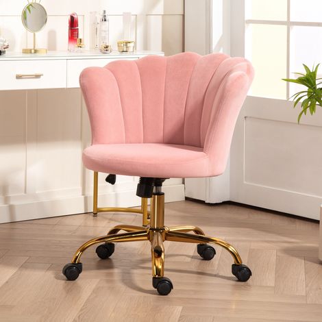 Sedia da ufficio in velluto, sedia da toeletta con schienale a petalo, altezza regolabile, 69 x 64 x 80-90 cm, rosa