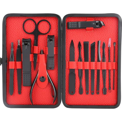 Lot 15 pinces à ongles en acier inoxydable rouge, set manucure complet avec étui (1/5)