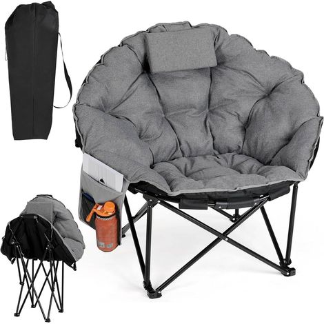 Folding Camping Chair Portable Padded Fishing Picnic Chair with Headrest,Cup Holder,Support 150KG, Grey (1/5)