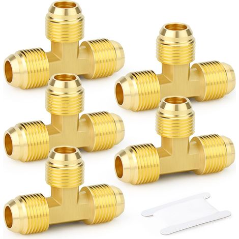5pièces laiton 3 voie, Flare Tee tube raccord adaptateur de tuyau, 3/8 "x 3/8" x 3/8" mâle Flare Tee raccords de tuyau (1/5)