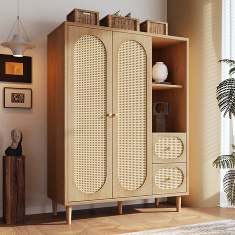 Armoire penderie 120x44x161 cm, dressing effet chêne avec portes en rotin, tringle, 2 tiroirs et étagères ouvertes