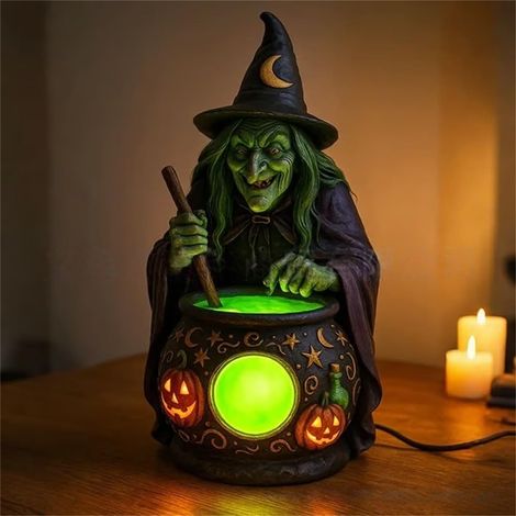 Halloween witch's lantern, LED resin night decoration, indoor LED nightlight for spooky party, gothic table figurine (1/5)