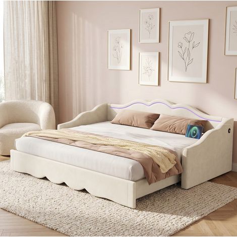 Cama nido tapizada 90x200 cm extensible a 180x200 cm, LED, USB y terciopelo beige (1/5)