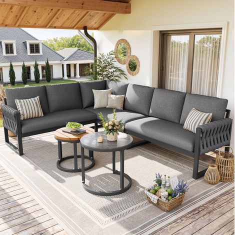 Salon de jardin modulable gris pour 5-6 personnes avec tables et coussins déperlants (1/5)