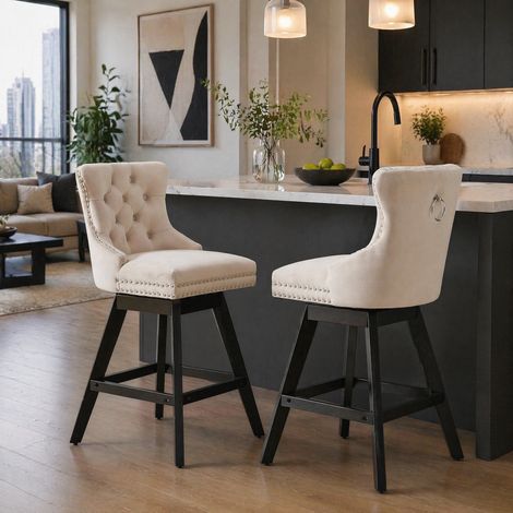 DESMIU Tabouret de bar pivotant avec dossier incurvé et assise rembourrée, en velours, Beige (1/5)