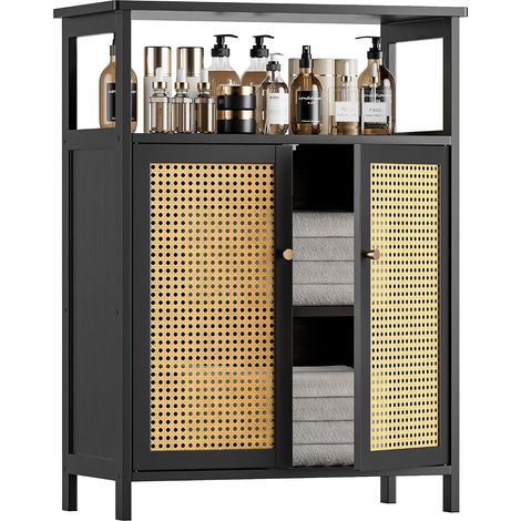 Armoire de Salle de Bain en Rotin, Meuble de Rangement avec Double Portes, Placard de Cuisine autoportante économisant de l’Espace décoration Domicile, Noir (1/5)