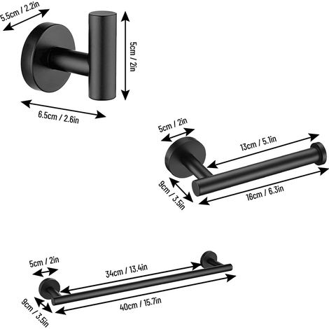 Juego de accesorios de baño de 4 piezas: toallero, portarrollos de papel higiénico, ganchos, acero inoxidable 304, negro, montaje en pared. (1/4)