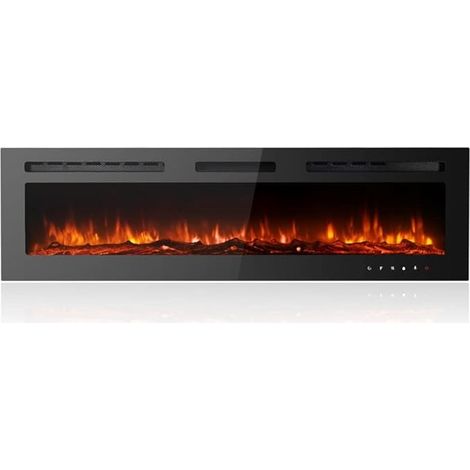 60-Inch Stylish Ultra-Thin Low-Noise Electric Fireplace, 12-Colour Adjustable Breathing Flames, with Crystal & Log Kits, Glass Touchscreen, Remote Control, Wall-Mounted, Black (1/5)